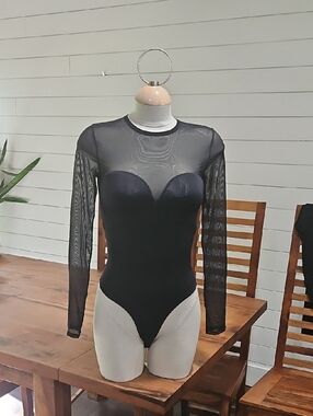Black Sheer Long-Sleeve Bodysuit Sz Med Nwt